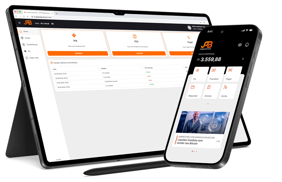 Imagens demonstrativa do Internet Banking e App para Smartphone da JPB Pagamentos