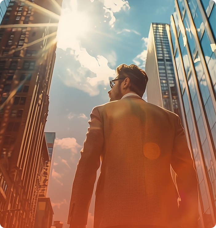 Executivo entre arranha-céus com olhar visionário para o futuro. Representa o compromisso da JPB Pagamentos com a escala global.